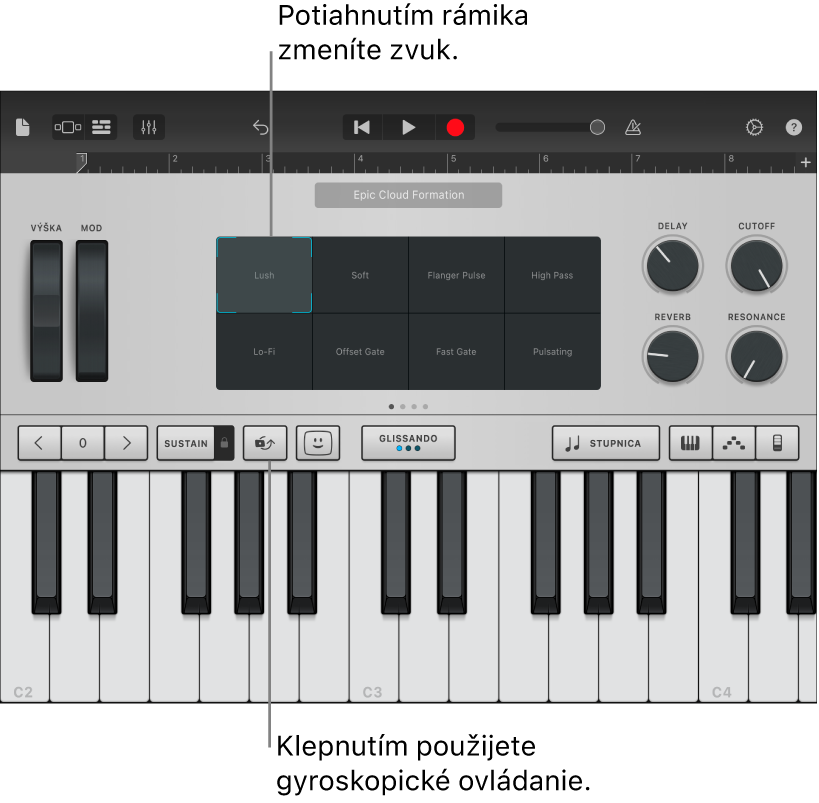 Dotykový nástroj Klávesy