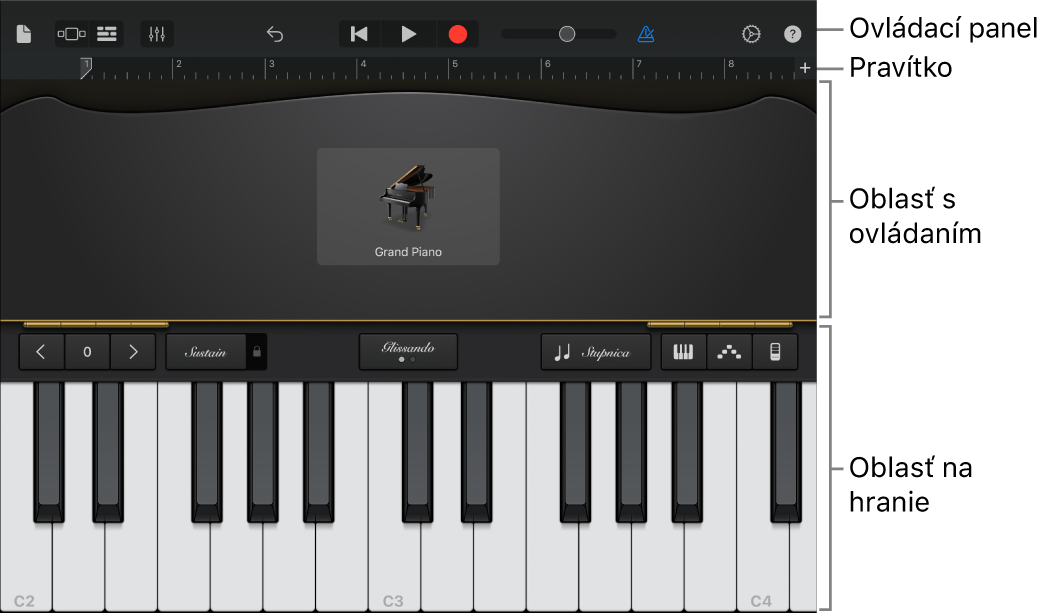 Dotykový nástroj so zobrazenou oblasťou na hranie a oblasťou s ovládaním