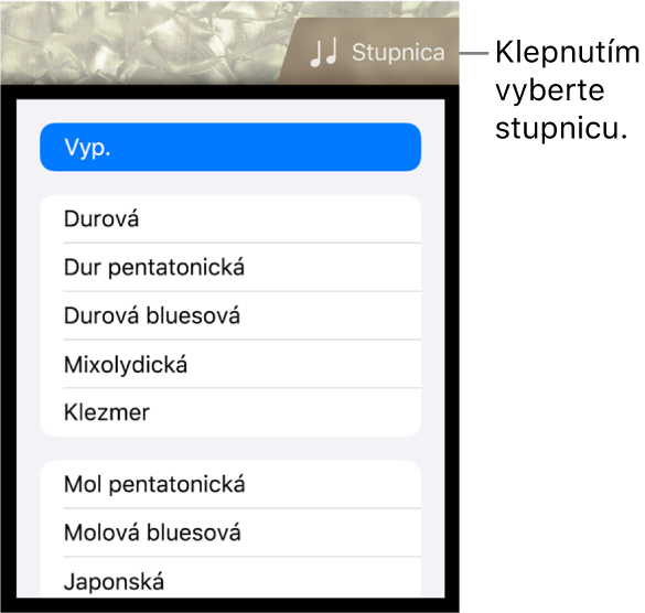 Tlačidlo Stupnica a zoznam Stupnice nástroja Basa
