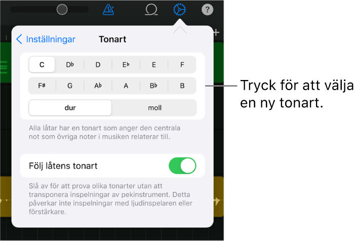 Låtinställningar och tonartsreglage