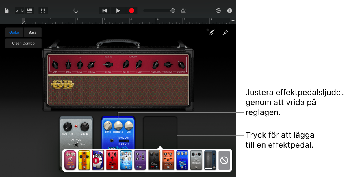 Redigeringsområde för gitarrförstärkarens effektpedaler