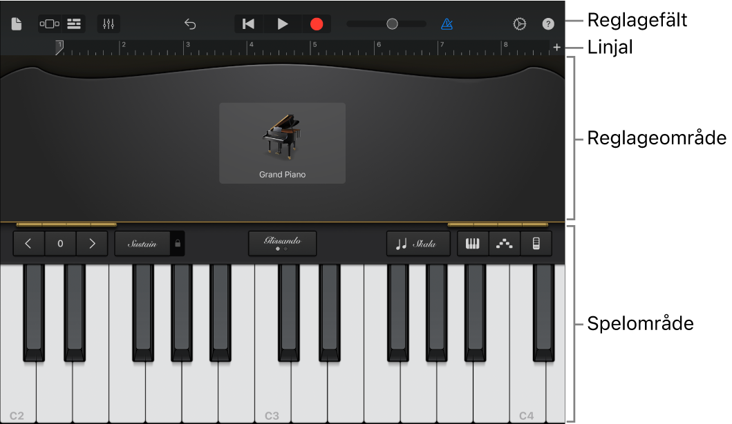 Pekinstrument med reglage- och spelområden
