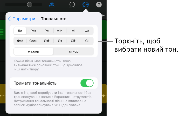 Налаштування пісні, включаючи регулятори розміру