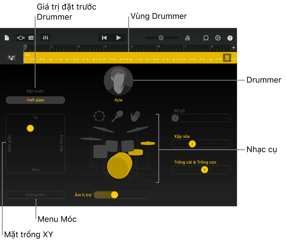 Drummer với khu vực giao diện chính được gọi ra.