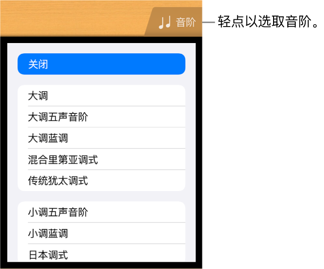 吉他的“音阶”按钮和音阶列表