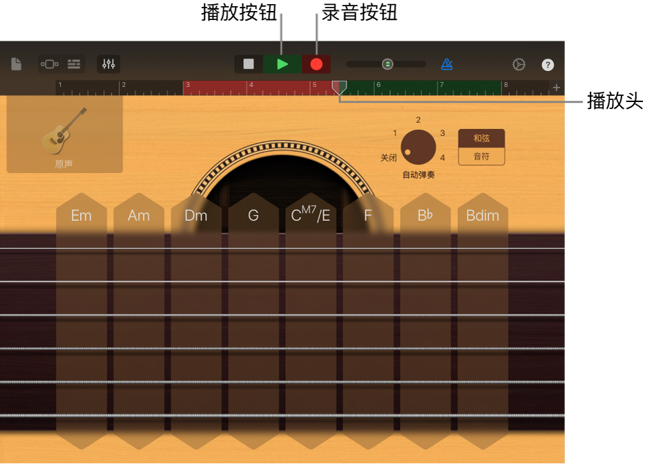 “录制”按钮及显示已录制片段的标尺