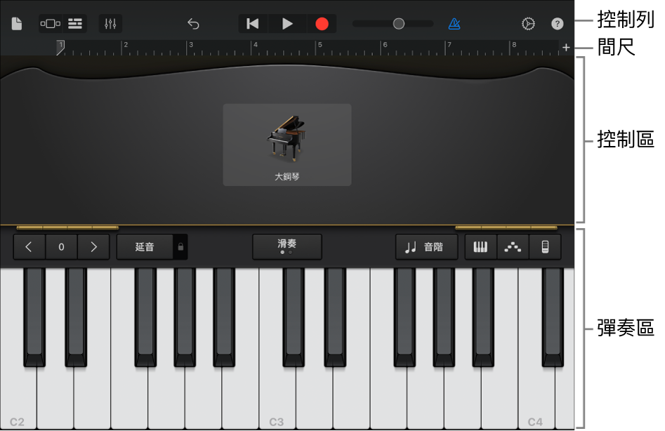 顯示控制和彈奏區域的「觸碰式樂器」