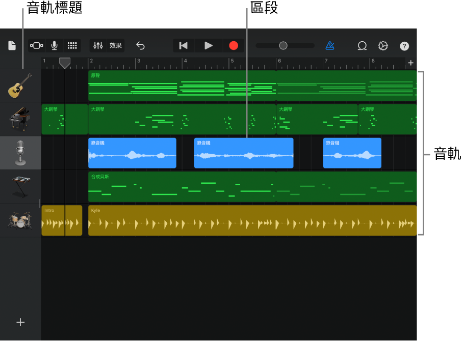 顯示音軌、標題和區段的「音軌」顯示方式