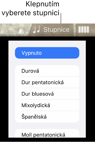 Tlačítko Stupnice a seznam stupnic u basy