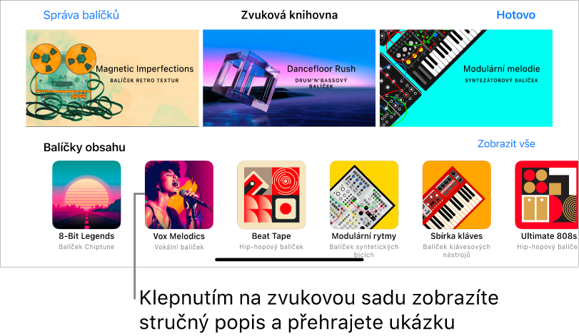 Klepnutím na obsah zobrazíte jeho krátký popis a pustíte ukázku.
