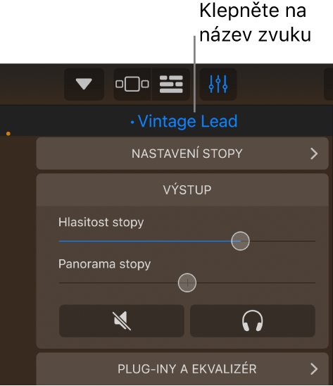 Obrázek. Název aktuálního zvuku nad ovládacími prvky stopy
