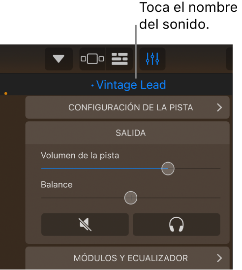 Figura. El nombre del sonido actual arriba de los controles de pista.
