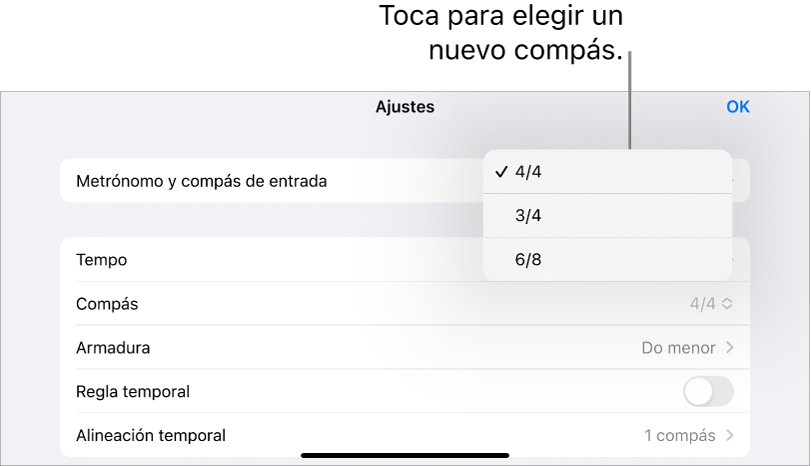 Controles de compás en los ajustes de la canción