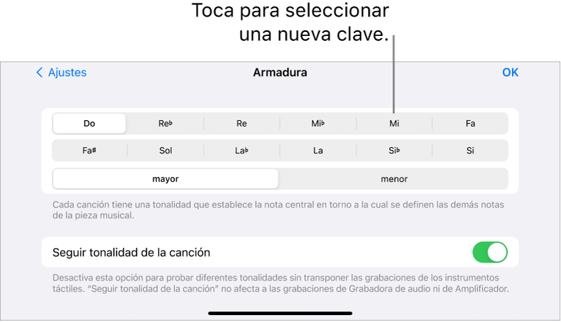 Controles de tonalidad en los ajustes de la canción