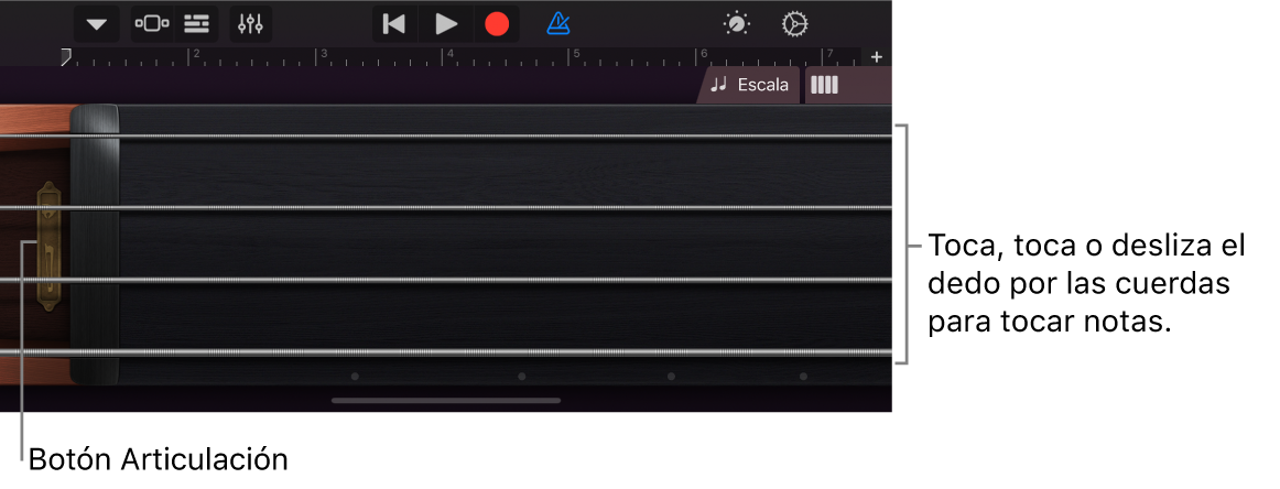 Visualización de notas en el Instrumento táctil Cuerdas