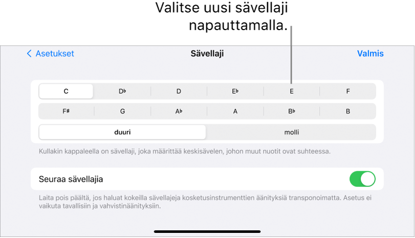 Kappaleasetusten sävellajin säätimet