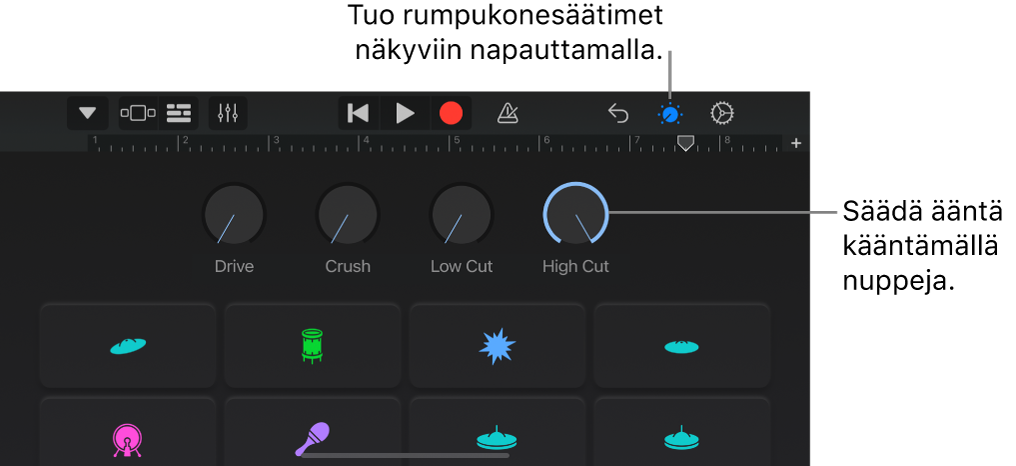 Sähköisen rumpusetin säätimet