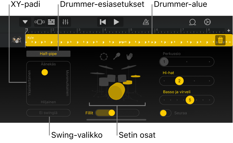 Drummer, jossa on käyttöliittymän tärkeimmät alueet merkittynä.