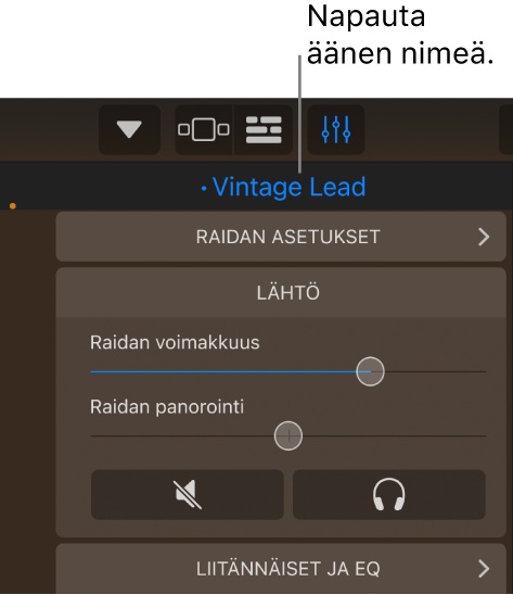 Kuva. Nykyisen äänen nimi raitasäätimien yläpuolella,