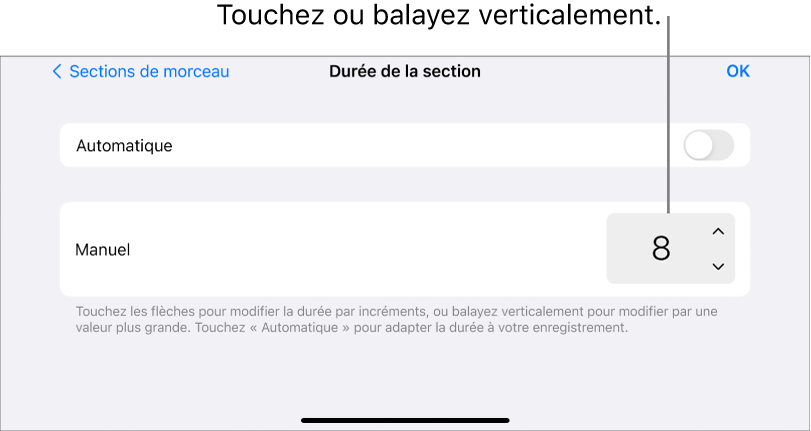 Commandes de modification de la durée d’une section de morceau
