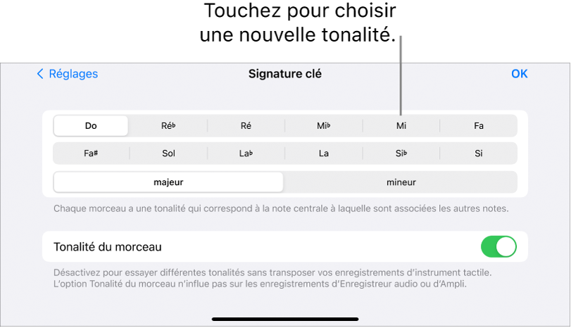 Réglages de clé dans les réglages du morceau