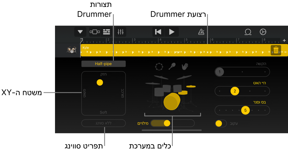 Drummer עם אזורי ממשק גדולים