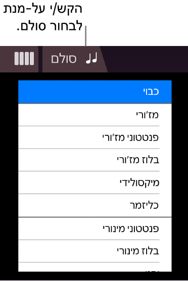 הכפתור ״סולם״ ורשימת הסולמות של המיתרים