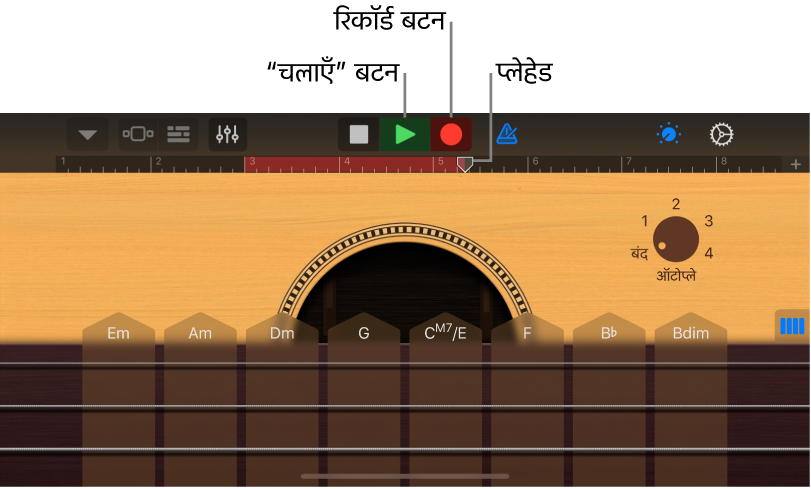 “रिकॉर्ड” बटन और रिकॉर्ड किए हुए क्षेत्र को दर्शाता रूलर