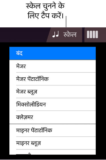 “स्ट्रिंग स्केल” बटन और स्केल सूची