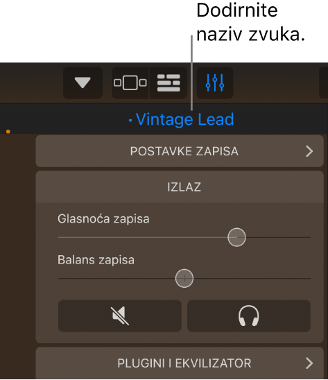 Slika. Naziv trenutačnog zvuka iznad kontrola zapisa.