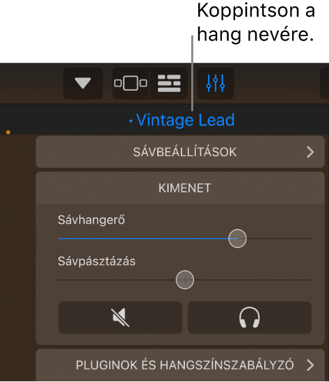 Ábra. Az aktuális hang neve a sávvezérlők felett.