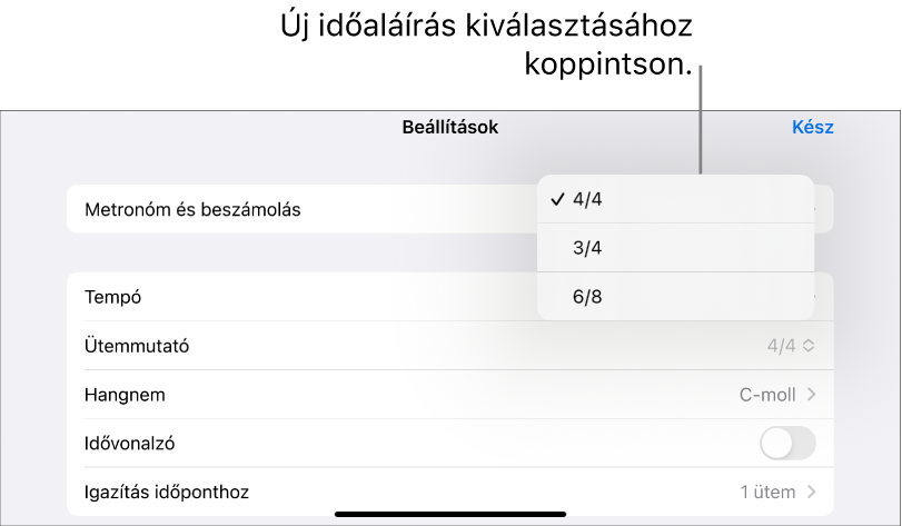 Időaláírás-vezérlők a Dalbeállításokban