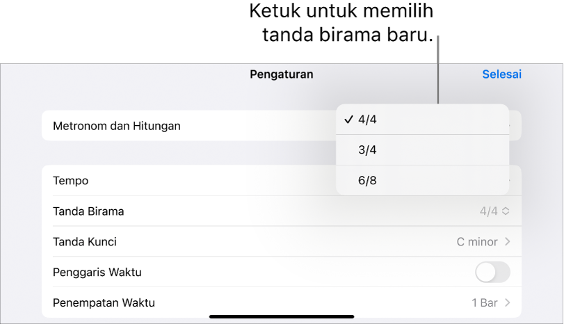 Kontrol tanda birama di pengaturan Lagu