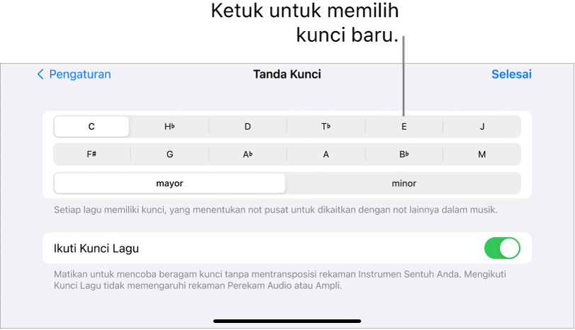 Kontrol kunci di pengaturan Lagu