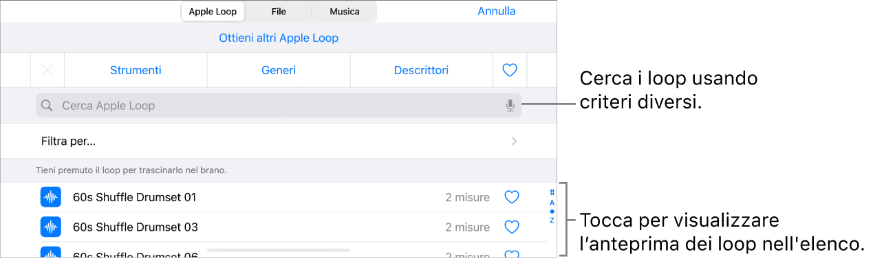 Elenco dei risultati nel browser loop