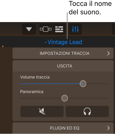 Figura. Il nome del suono attuale sopra i controlli traccia.