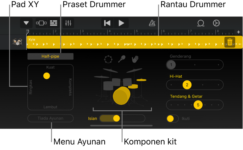 Drummer dengan kawasan antara muka utama diserlahkan.