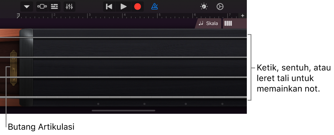 Paparan not pada Instrumen Sentuh Tali