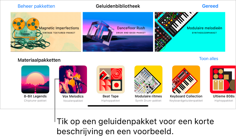 Tik op een materiaalpakket voor een korte beschrijving en een voorbeeld.