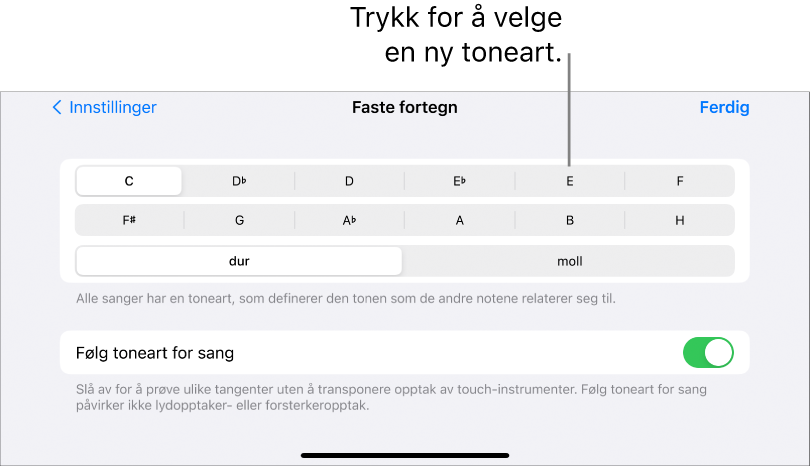 Toneartkontroller i sanginnstillinger