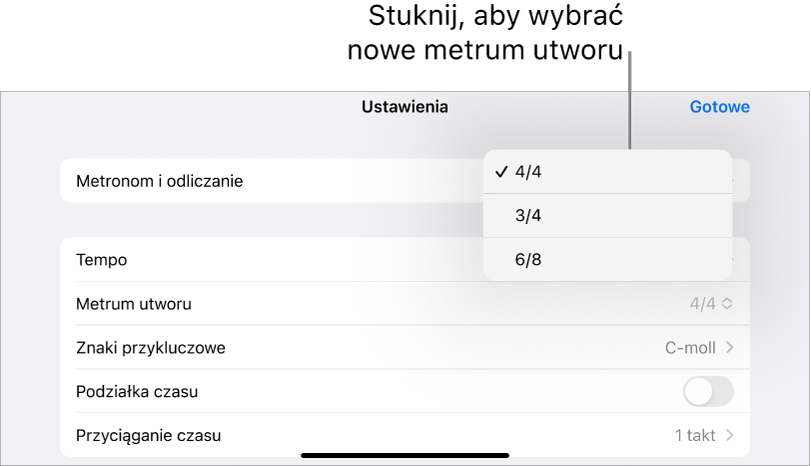 Narzędzia zmiany metrum w ustawieniach utworu