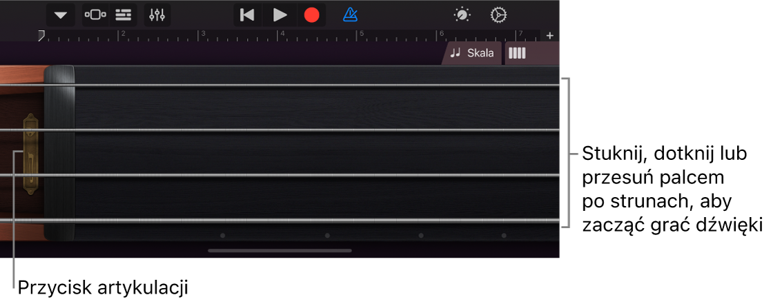 Widok nut w dotykowym instrumencie smyczkowym