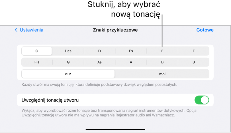 Narzędzia zmiany tonacji w ustawieniach utworu