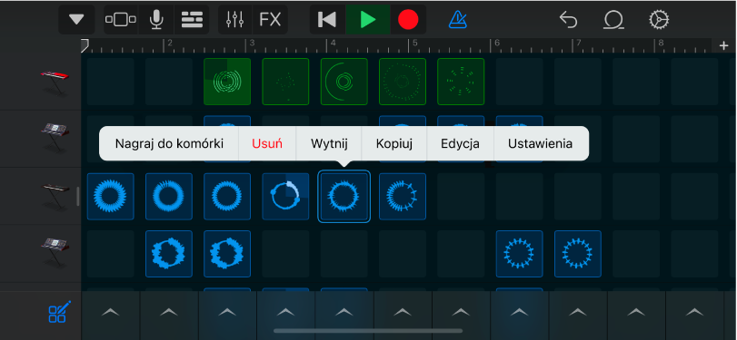 Ilustracja. Siatka Live Loops z włączoną edycją komórek.