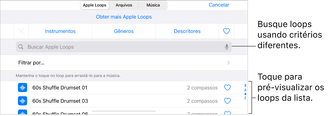 Lista de resultados do Navegador de Loops