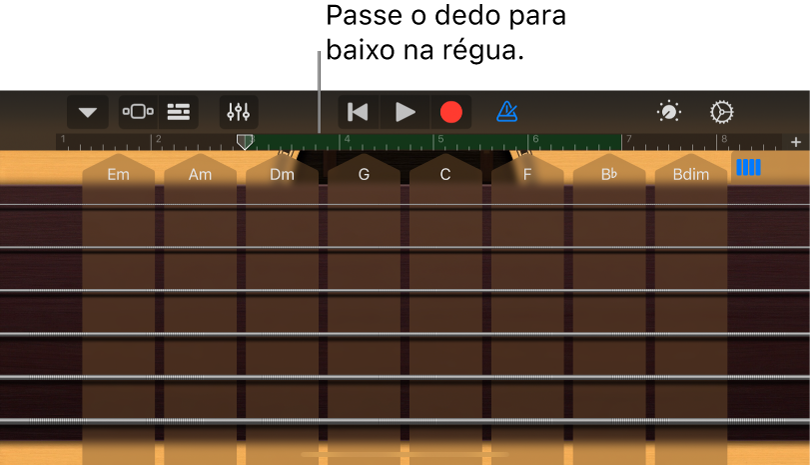 Toque e mantenha pressionada a régua e, em seguida, arraste para baixo.