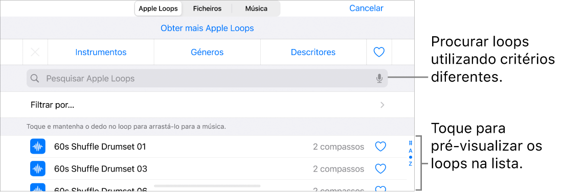 Lista de resultados do navegador de loops