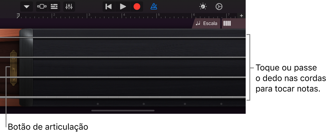 Vista de notas no instrumento táctil Cordas