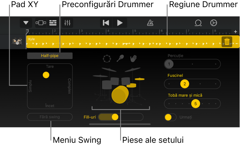 Drummer cu explicațiile zonelor importante ale interfeței