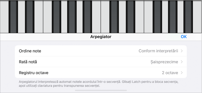 Comenzi arpegiator de claviatură
